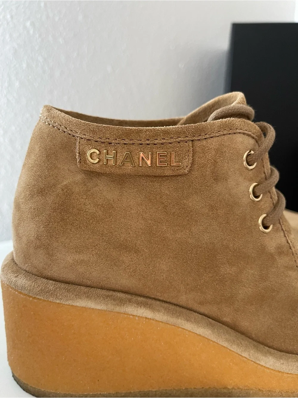 CHANEL Tan Suede Wedge Ankle Booties with Gold Logo